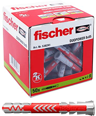 fischer DuoPower 8 x 65, Universaldübel, leistungsstarker 2-Komponenten-Dübel, Kunststoffdübel zur Befestigung in Beton, Ziegeln, Stein, Gipsbauplatten uvm., ohne Schrauben, 50 Stück