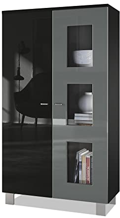Vladon Vitrine Denjo, Made in Germany, Standvitrine mit 2 Türen und 3 Glaseinsätzen, Schwarz matt/Schwarz Hochglanz/Grau Hochglanz (71 x 129 x 35 cm)