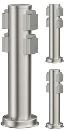 ledscom.de 3 prese da giardino a colonna PORU, IP44, 4 vie, acciaio inox, rotonde, 40 cm