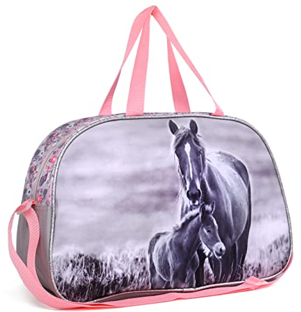 Ragusa-Trade Mädchen Kinder Sporttasche Reisetasche mit tollem Pferde Motiv (KO20) für Mädchen, rose/grau, 40 x 25 x 13 cm