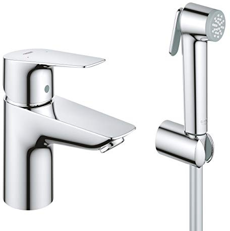 GROHE Start Edge QuickFix – Basin Tap with Bidet Trigger Spray Hand Shower Set (S-Size, 35mm Ceramic Cartridge, Water Saving, Integrated Diverter, Tails 3/8 Inch, Tool Included), Chrome, 23773001