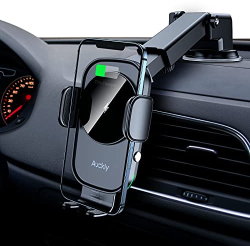 Auckly 15W Fast Qi Wireless Car Charger [EMI] Car Wireless Charger Automatic Phone Suction Holder Dashboard Mount Compatible for S22/S23/S24,for iPhone 11/12/13/14/15/16 Pro Max Mini Plus