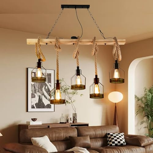 Retro Vintage Hanfseil Eisen Kronleuchter Handgewebt Pendellampe Beleuchtung E27 Runde Hängend Eisen Käfig Hängelampe Verstellbare Höhe Leuchter Pendelleuchte 5 Flamme Esstischlampe Deko Deckenlampe