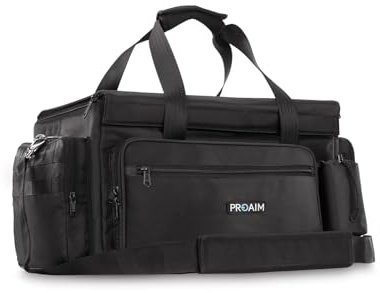 PROAIM Cine Cube Kamera-Gear-Tasche mit flexiblen Trennwänden | Wasserabweisendes Polyester mit abnehmbarem Schultergurt; 4 transparente Deckeltaschen, Rückfach und Flaschenhalter.