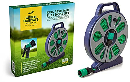 Vivo Technologies 50 FT Flat Garden Hosepipe Spray Gun Reel Nozzle Gun 15M Hose Pipe outdoor, Reel Size H31cm X W27cm X D4cm,Blue-Grey