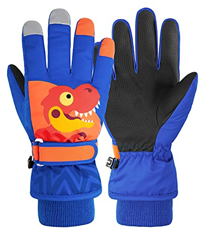 Kids Winter Gloves Waterproof Girls Boys Ski Gloves Warm Snow Gloves Toddler Finger Gloves Mittens Royal Blue Dinosaur S