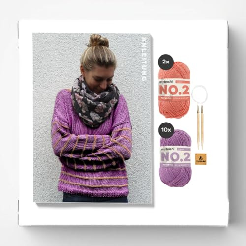 myboshi Strickset Pullover St. Louis, Strickset für Anfänger, inkl. No.2 Wolle, Nadel und Anleitung, Label, Strickpaket, 85% Baumwolle, 15% Kapok Lila, Rosa, mit Rundstricknadel