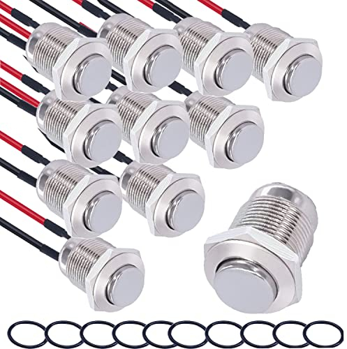 RUNCCI-YUN 10×12mm Impermeable Momentáneo Pulsador metal, Provisional Mini Botón, Pulsador Redondo,para Trompeta de Coche, PC, Lámpara de Mesa, Timbre de Casa(Cabeza Alta Pre Cableado de Botón)
