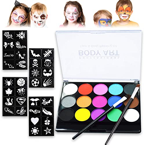 Lamuliya Kinderschminke Set, 15 Professionelle Schminkfarben, Bodypainting Schminke & Gesicht malen voller Farbe, Waschbar Professionelle Organische, 32 Schablonen+ 2 Pinsel für Maskerade Halloween