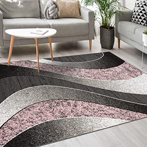 Mazovia Modern Teppich - Kurzflor - Teppich für Wohnzimmer, Schlafzimmer, Esszimmer - ÖKO-TEX Wohnzimmerteppich, Robust und pflegeleicht, Niedrige Florhöhe – Teppiche - grau rosa 80 x 150 cm