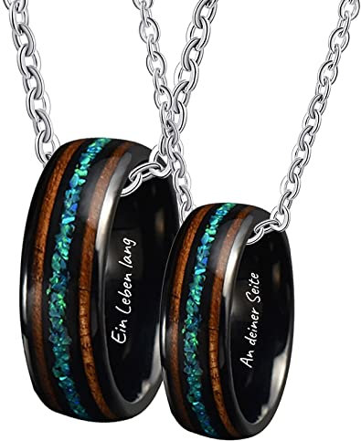 KnSam Wolfram Paar Kette Personalisiert Gravur EIN Leben lang an deiner Seite, 2pcs Anhänger Ring 8MM Opal Holz Partnerketten mit Wunschgravur Schwarz, Gr.54 & Gr.62, Länge 60cm/ 50cm