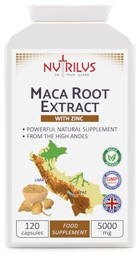 Nutrilus Maca Root Extract 120 Capsules 5000mg - with Zinc - High Strength Supplement - One Daily - Energy and Performance - for Men and Women