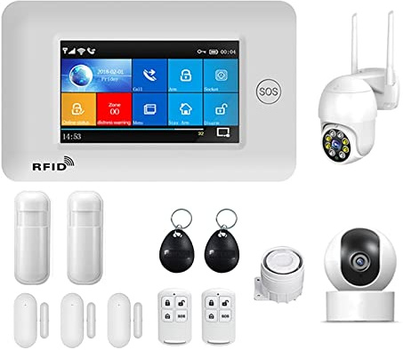 PG106 4G inalámbrico GPRS Pantalla táctil Smart Home Sistemas de Alarma de Seguridad antirrobo con Sirena Detector de Humo Sensor de Puerta(Set-J)