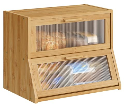 BMOSU Large Bread Box Double Layer Bamboo Bread Box for Kitchen Counter Container Farmhouse Bread Holder Capacity Bread Storage Bin(Natural)