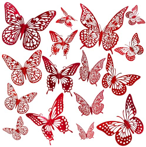 JOSDIOX Adesivi da parete 3D a forma di farfalla rossa, 48 pezzi con 4 stili e 3 dimensioni, decorazione rimovibile per feste, compleanni, matrimoni, palloncini decorativi (48 rossi)
