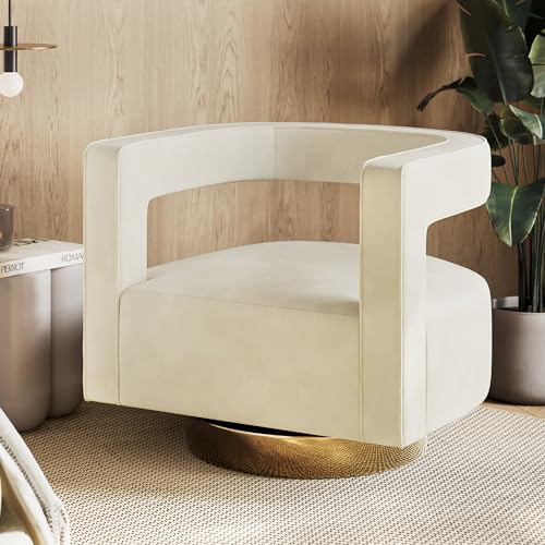 BELLEZE Swivel Barrel Accent Chair, Modern Upholstered Arm Comfy Velvet Curved Back Round Chair with Gold Base Wood Frame, 360 Degree for Living Room Bedroom Office,Ivory