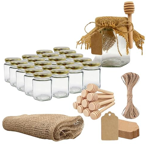 20x Pot de Miel Hexagonal avec Couvercle 180ml + 20x Cuillère de Miel + 20x Bande de Tissu de Jute + 20x Étiquette en Carton Kraft + Ficelle de Jute - Conservation de Miel fait Maison