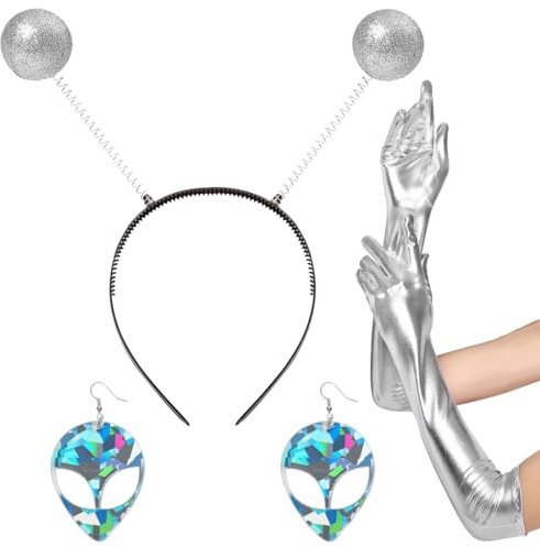 Alien Kostüm Zubehör 4 Stück Raumkostüm mit Alien Ohrringe Handschuhe und Antennen Stirnband für Frauen Mädchen Karneval Maskerade Cosplay Kostüm Verkleiden Zubehör