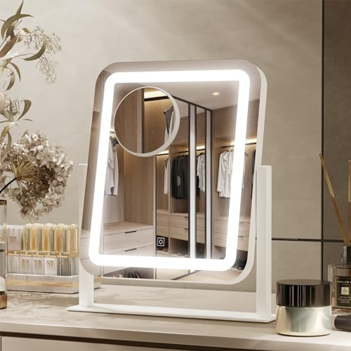 PRIMETEK Vanity Mirror with Lights, 16x14 Large LED Lighted Makeup Mirror, Hollywood Makeup Mirror, Touch Screen, 3-Color Lighting, 5X Magnification, for Vanity Desk Tabletop, Bedroom, White