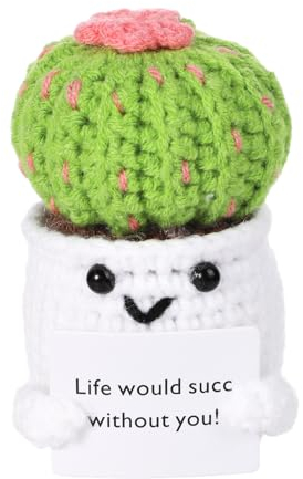 8,5 x 5,5 cm Cactus Positivo Uncinetto, Filato Lana Giocattolo Lavorato Maglia Positivo con Carta Incoraggiamento Vaso Piante Vita Positiva Divertente Bambola Uncinetto Decorazione per Scrivania