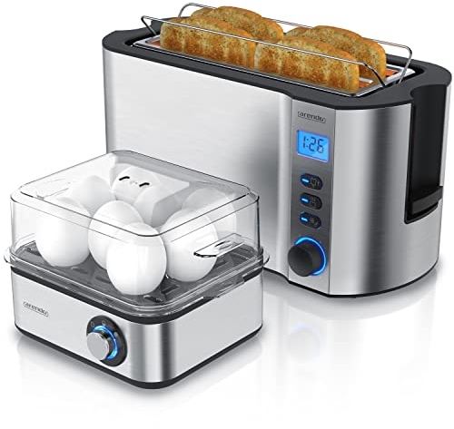 Arendo Set Ensembles grille-pain MANHA et cuiseur à oeufs EIGHTCOOK Inox Gris, Toaster 4 tranches écran LED 6 degrés de brunissage support viennoiserie, Cuiseur à oeufs 1-8 oeufs verre doseur