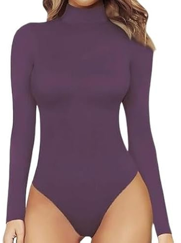 Body à manches longues et col roulé pour femme - Coupe ajustée - Respirant - Contrôle du ventre, Violet 2, M
