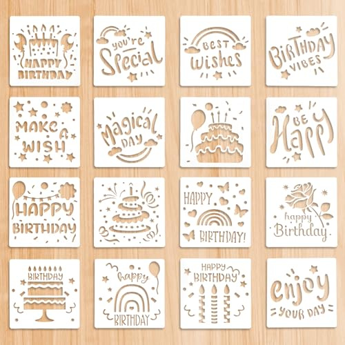 Abeillo Stencil Set - 16 Pieces Birthday Party Theme Templates, 5.9x5.9 inch Reusable Stencils for DIY Cakes, Cards, Scrapbook