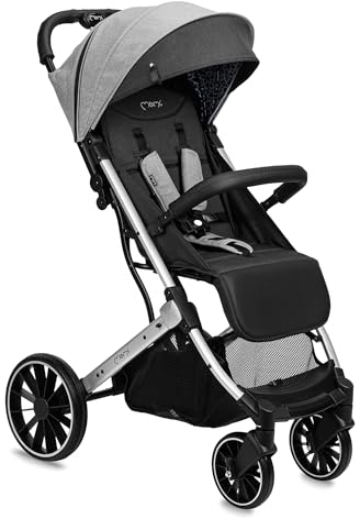 MoMi ESTELLE PLUS LIGHT Kinderwagen ab 6. Monat (bis 22 kg), klappbarer Buggy mit 5-Punkt-Sicherheitsgurt, Einkaufskorb und Liegefunktion, Teleskop-Stange zum Ziehen, steht nach dem Zusammenklappen