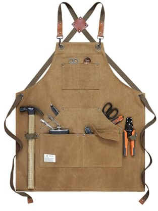 BDKMMS Work Apron, Heavy Duty Carpenter Apron with Large Pockets Adjustable Cross Back Shop Apron for Men Women for Garden, Pottery, Workshop, Crafts Work