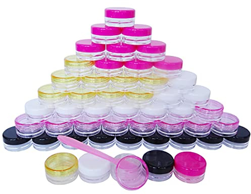 Wopanxye 50 Stück Behälter Proben Cremedose Leer 3g/3ml Mehrfarbig Weiß Pink Schwarz Klein Kunststoff Tiegel für Kosmetikdose, Lippenbalsam Döschen, Nailart Döschen Reisen, Mit 50Stück Mini Spatulas