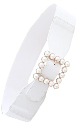 LIFKOME Damen Kummerbund Elastisch Perlengürtel Quadratische Schnalle Taillenkorsettgürtel Rockornament Dekoration (weiß)