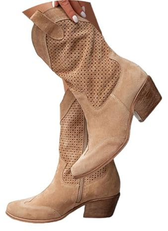 Agiyenna Stivali a Punta da Donna Cowboy Bassi Stile Western in Pelle Scamosciata Classici Traforati per il Tempo Libero Autunno Inverno Eleganti
