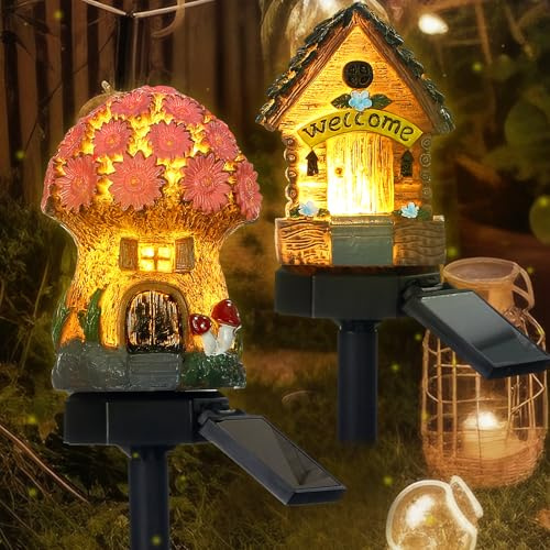 Rossesay 2 Pack Mushroom Fairy House Solar Light Spring Outdoor Garden Home Statue LED Light Fairy Lights for Outside Spring Garden Lawn Walkway Patio Yard Backyard Plant Decoration