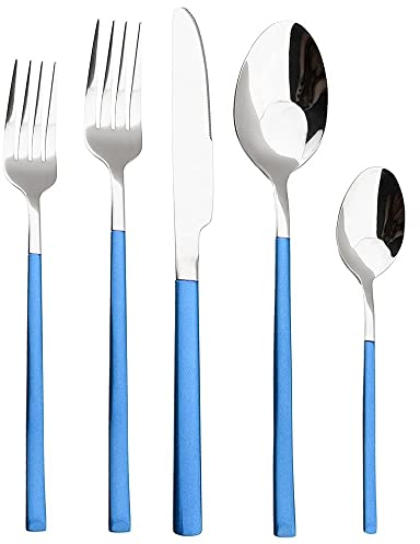 LXYDPZ Ensemble de Couverts 5 pièces, Service de Table en Acier Inoxydable, Couteau, Fourchette, cuillère, Service de Table, Noir et Or, Service de Cuisine pour 6 Personnes (Bleu Argent)