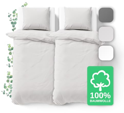 JACOBSON Bettwäsche 100% Baumwolle (135x200cm, Hellgrau, 4-teilig) | Set: 2 Bettbezüge + 2 Kissenbezüge 80 x 80 cm