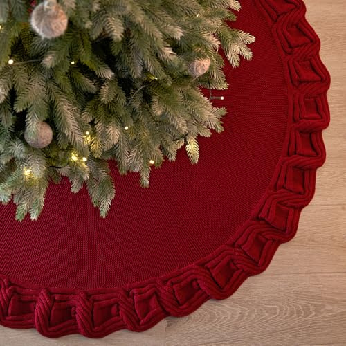 DEMIUKO 36 Inch Christmas Tree Skirt Red Xmas Tree Base Cover Mat Knitted Tree Skirt Soft 3D Woven Pine Tree Floor Mat Petals Ruffled Christmas Tree Decorations for Home Party Festival