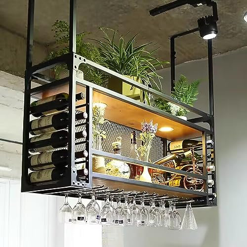 Portabottiglie sospeso con portabicchieri, portabottiglie da soffitto a parete, ferro + legno massello, mensole da bar galleggianti in metallo industriale, espositore per vino, con faretto in allumi