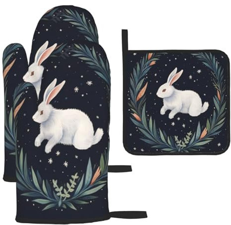 Set di 3 guanti da forno a forma di coniglio bianco e presine, con stampa 3D, isolanti, per cucina, cucina, barbecue, grigliate