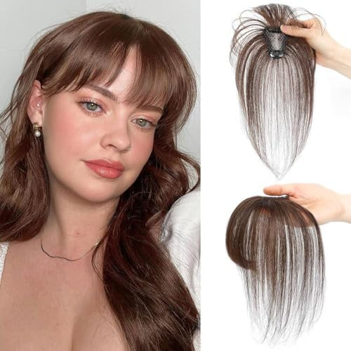 RPAEOY Natürliches Echthaar Topper Haarteil mit Pony Clip Haarteile Haarverdichtung Scheitel Haarverlängerung Kopfhaut Abdeckung Volumen Ergänzung