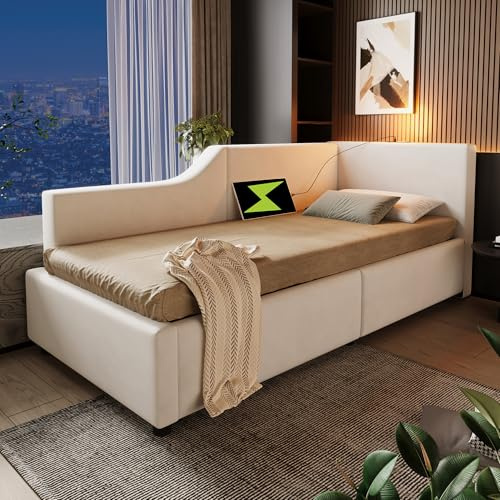 Zepneiy Lit 90x200 avec liseuse et Port USB, Canapé lit 90x200 avec Rangement hydraulique, Lit Coffre avec sommier à Lattes en Bois, Velours Beige (sans Matelas)