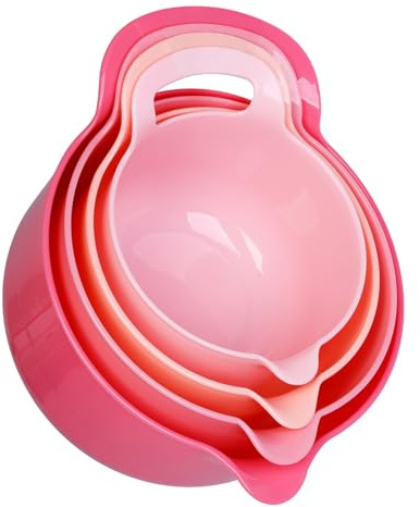 BoxedHome Lot de 4 bols mélangeurs avec poignée et bec verseur, sans BPA, passent au micro-ondes et au lave-vaisselle (dégradé de couleur rose, lot de 4 avec poignée)