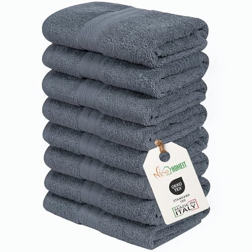 nice homeit Set mit 8 Handtüchern für Gesicht und Gäste, aus Baumwolle, 35 x 55 cm, aus 100% ringgesponnener Baumwolle, extra weich und saugfähig, hergestellt in Italien - Dunkelgrau