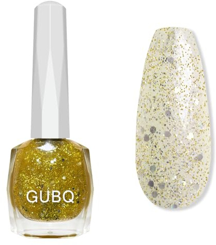 Gold Glitter Nail Polish - Clear Glitter Nail Varnish - Shiny Sparkly nail polish - Sheer Shimmer Nail Polish Quick Dry - 60 Seconds glitter Top Coat No Chip Long Lasting Natural for Women Girls