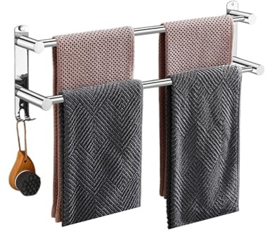 Ziyonix Porta Asciugamano da Parete Estensibile, 43-76 cm Portasciugamani Bagno Regolabile Porta Asciugamano Doppio Salviette Acciaio Inos Cucina con 2 Ganci per Asciugamani per Bagno Cucina Ufficio
