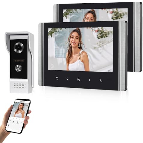 QttyElok Sistema de Intercomunicador de Vídeo WiFi Tuya para Casa, Timbre de Cámara Vídeo 1080P HD con 2 Monitores Pantalla IPS de 7 zoll, Visión Nocturna IR, Grabación, Audio Bidireccional