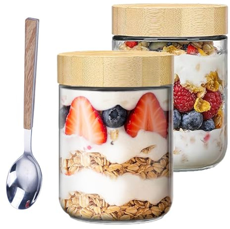 GANILITY Pots pour Overnight Oats, 2 Pieces Bocaux de Conservation en Verre, 500 ml Bocaux de Conservation en Verre avec Cuillère en Acier Inoxydable, pour les Grains de Café, L'avoine
