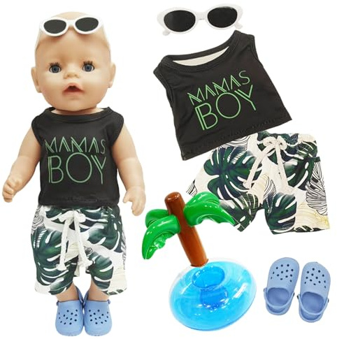 Puppen Badeanzug für 35-43cm Baby Puppen, Schwimm-Set Puppenkleidung mit Badeanzug + Badehose + Kokosbaum Schwimmring + Sonnenbrille + Hausschuhe für 14-18 Zoll Puppen Jungen Mädchen Geschenke