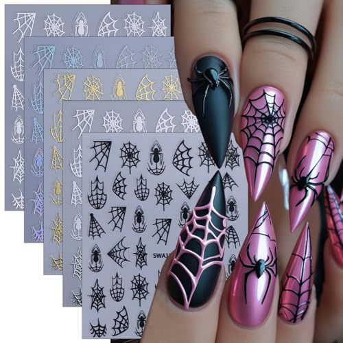 5 Blätter Halloween-Nagel-Sticker, 3D selbstklebende Spinnweben-Nagelkunst-Sticker in Weiß, Schwarz, Silber, Laser-Gold, Feiertags-Nagel-Design-Zubehör für Frauen