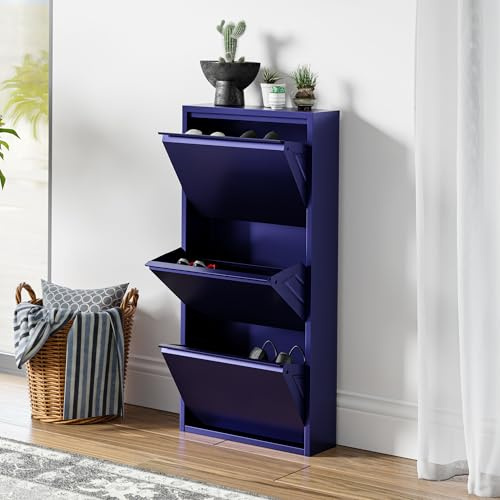 [en.casa] Schuhschrank Sokndal Schuhkipper mit 3 Klappen Metall Schuhkommode für 6 Paar Schuhe 104 x 50 x 15 cm Nachtblau