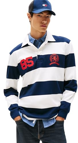 Tommy Jeans Men's Relaxed Stripe Sweatshirt Polo, Dark Night Navy Stripe Large
